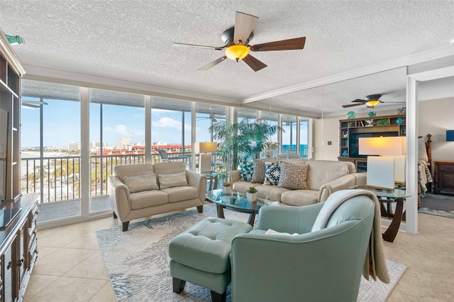 living room with a textured ceiling and a wealth of natural light