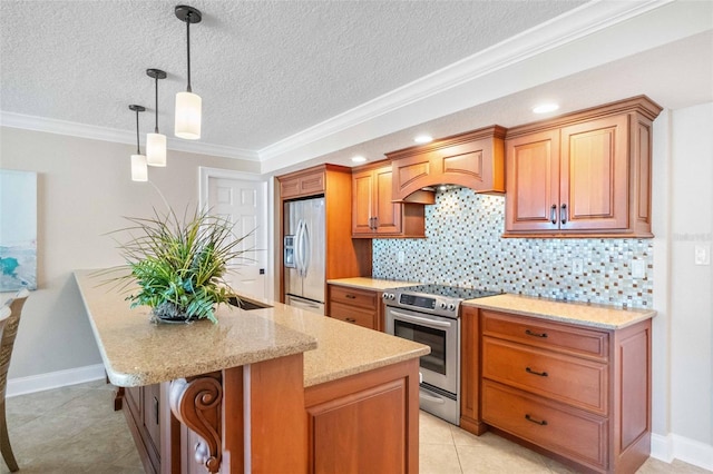 kitchen with backsplash, stainless steel appliances, crown molding, decorative light fixtures, and a center island