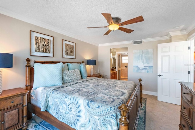 bedroom with a textured ceiling, ceiling fan, and crown molding