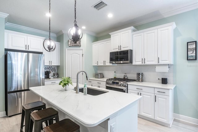 kitchen with appliances with stainless steel finishes, a sink, visible vents, and decorative backsplash