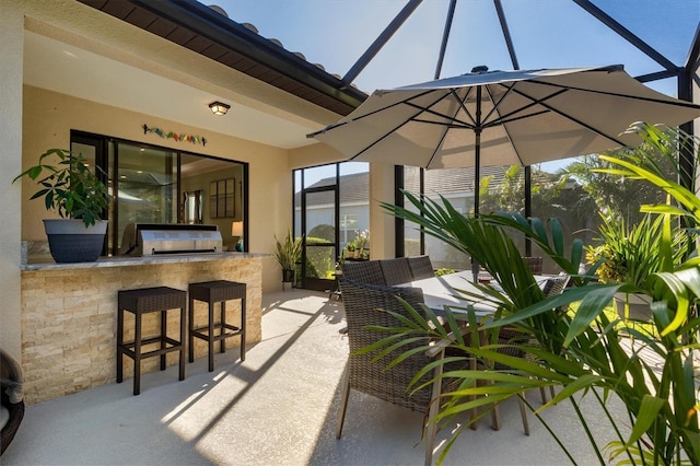 view of patio / terrace featuring outdoor dry bar, grilling area, area for grilling, and a lanai