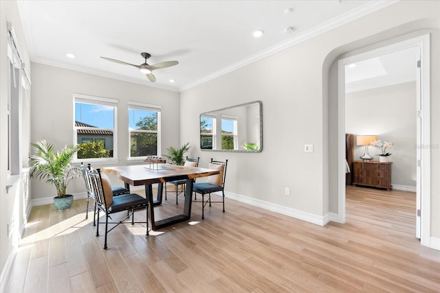 dining area with light hardwood / wood-style floors, ceiling fan, and crown molding