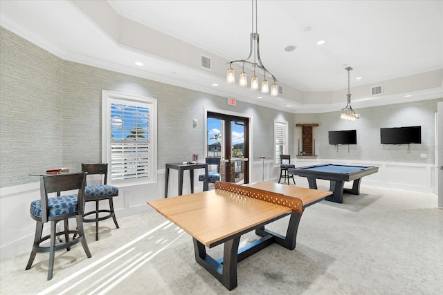 recreation room with light carpet, french doors, ornamental molding, and billiards