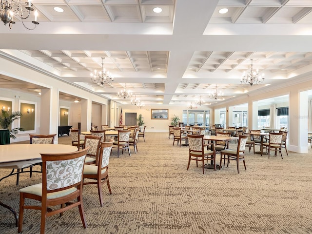 carpeted dining room featuring beam ceiling, coffered ceiling, and ornamental molding