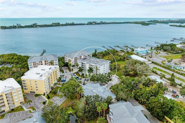 aerial view featuring a water view