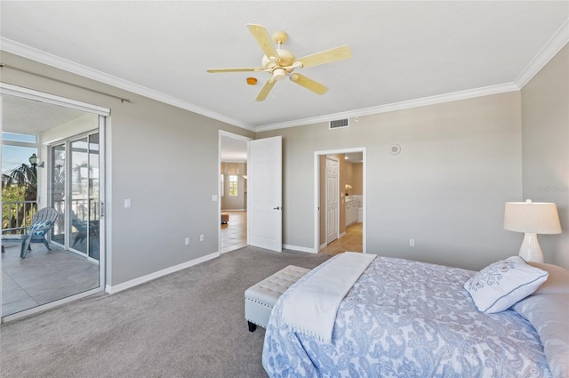 carpeted bedroom featuring ceiling fan, access to exterior, and ornamental molding