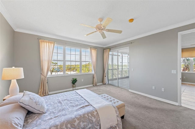 bedroom featuring access to exterior, light colored carpet, ceiling fan, and ornamental molding