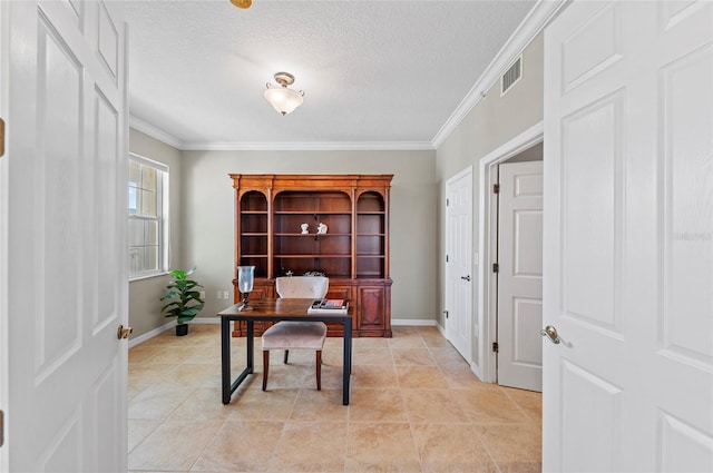 tiled office space featuring a textured ceiling and ornamental molding