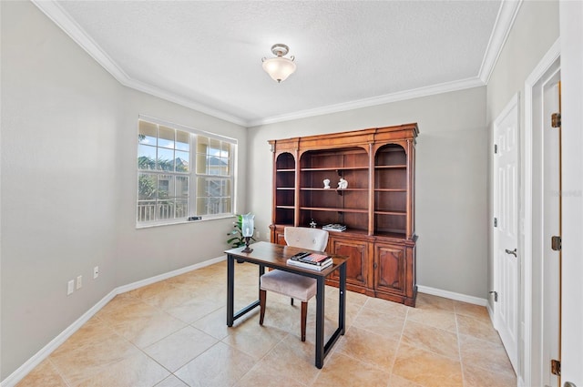 office area featuring a textured ceiling and ornamental molding