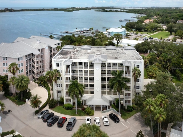 bird's eye view with a water view