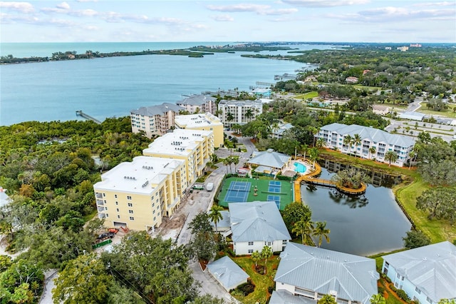 aerial view featuring a water view