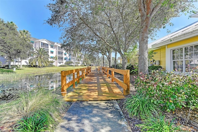 exterior space with a water view