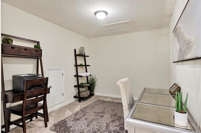 home office featuring light carpet and a textured ceiling