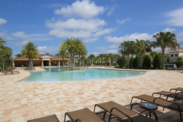 view of swimming pool with a patio