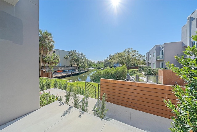 view of patio featuring a water view