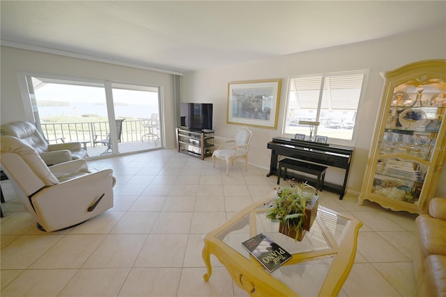 living area with light tile patterned floors and baseboards