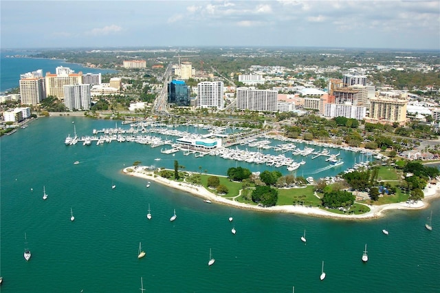 bird's eye view featuring a water view and a view of city