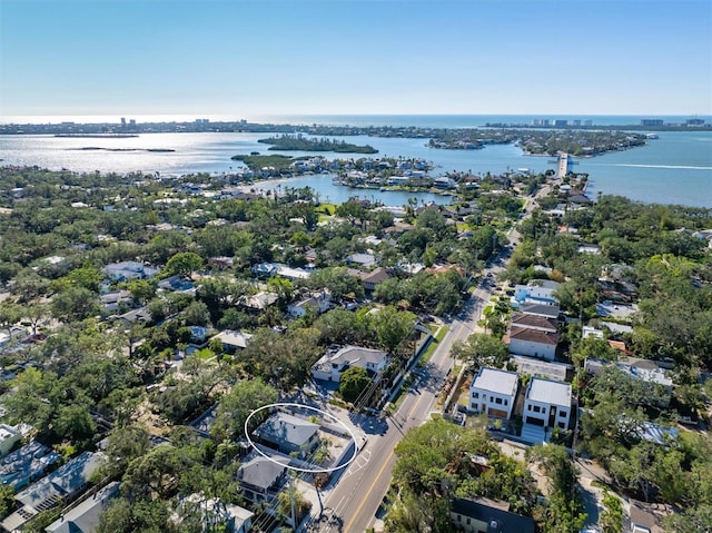 drone / aerial view featuring a water view