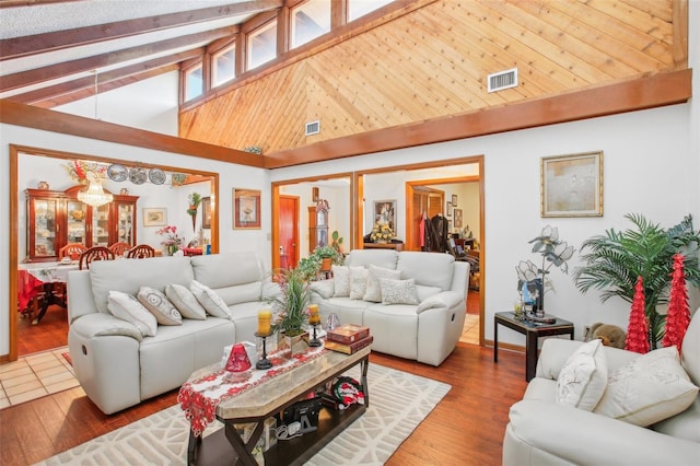 living room featuring hardwood / wood-style flooring, beamed ceiling, and high vaulted ceiling