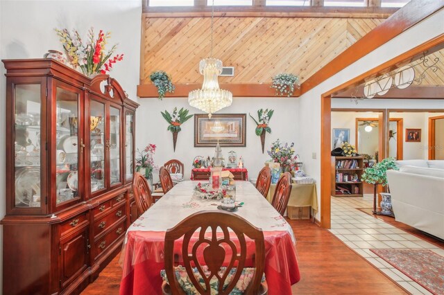 dining space featuring wooden walls, high vaulted ceiling, and wood-type flooring