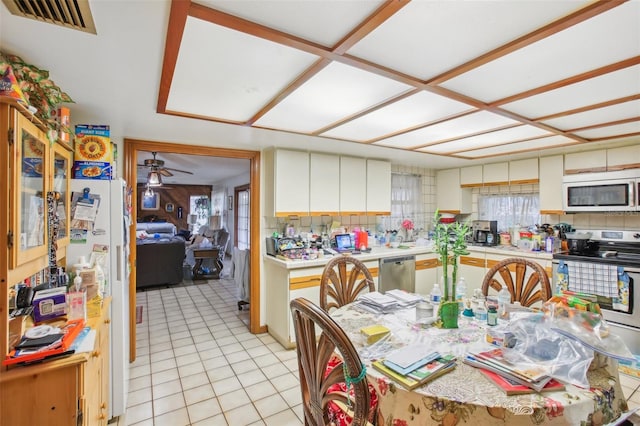 kitchen with appliances with stainless steel finishes, tasteful backsplash, ceiling fan, and a healthy amount of sunlight