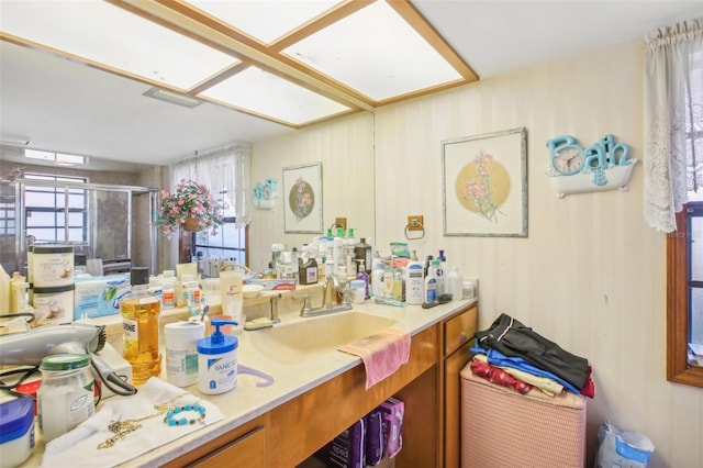 interior space with vanity and a shower with door