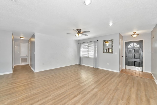 unfurnished living room with ceiling fan, light hardwood / wood-style floors, and a textured ceiling