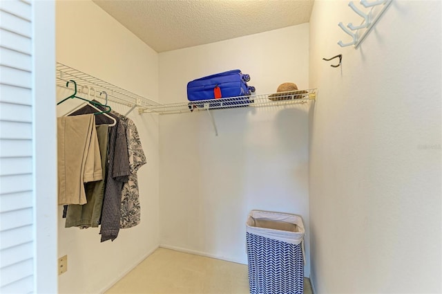 walk in closet featuring light carpet