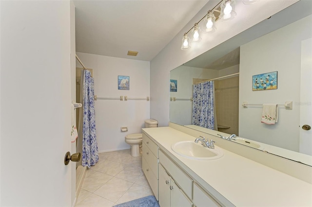 bathroom with toilet, vanity, tile patterned floors, and curtained shower