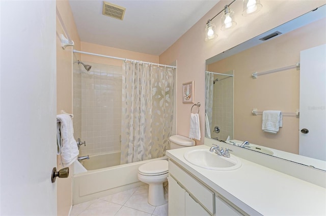 full bathroom with toilet, vanity, tile patterned floors, and shower / tub combo with curtain