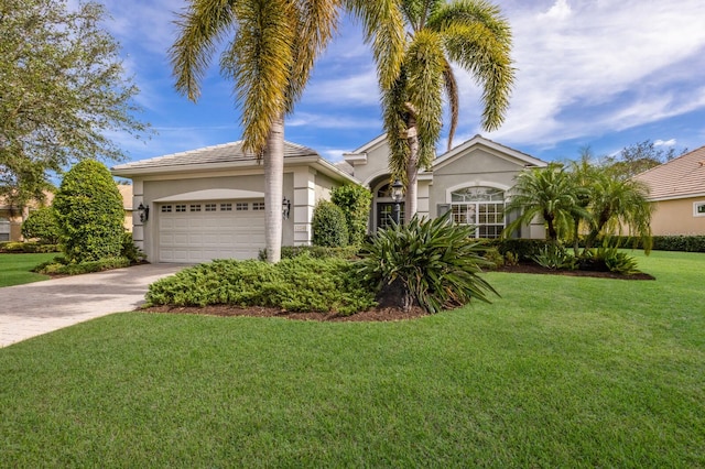 view of front of property featuring a garage and a front lawn