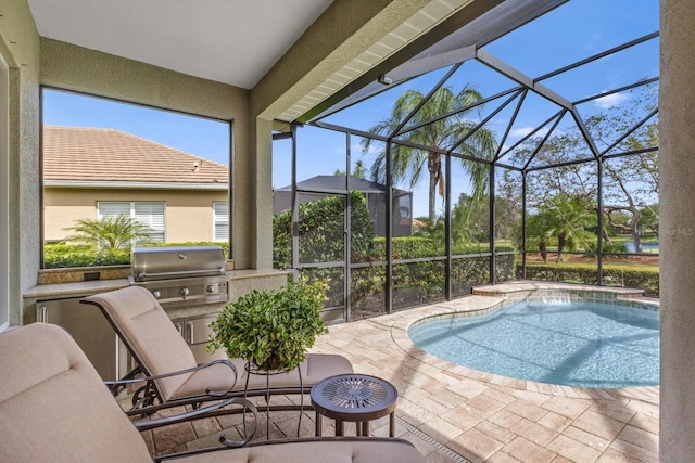 view of pool featuring area for grilling, a lanai, a patio, and grilling area