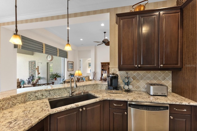 kitchen with stainless steel dishwasher, dark brown cabinets, and sink