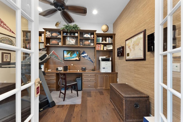 office area with french doors, dark hardwood / wood-style floors, and ceiling fan