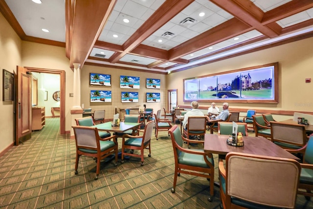 carpeted dining room with beam ceiling, coffered ceiling, and ornamental molding