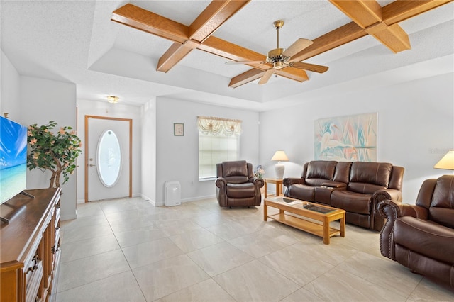 living room featuring beam ceiling, coffered ceiling, and a textured ceiling