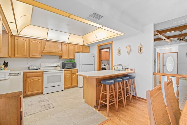 kitchen with premium range hood, beam ceiling, kitchen peninsula, white appliances, and a breakfast bar area