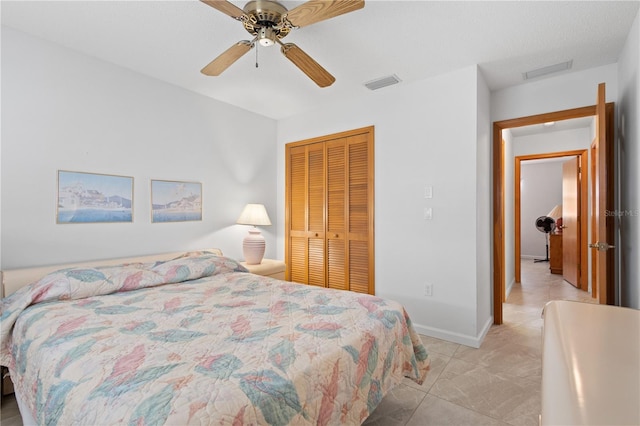 bedroom with ceiling fan and a closet