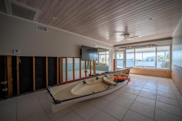 game room with light tile patterned floors, ceiling fan, and wooden ceiling