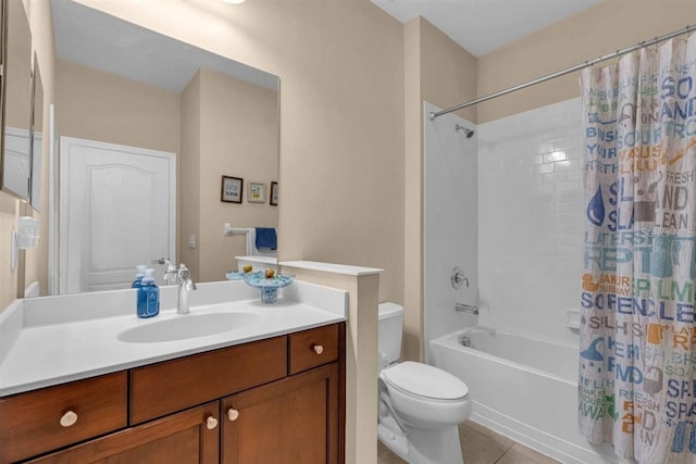 full bathroom with tile patterned floors, shower / bath combination with curtain, toilet, and vanity