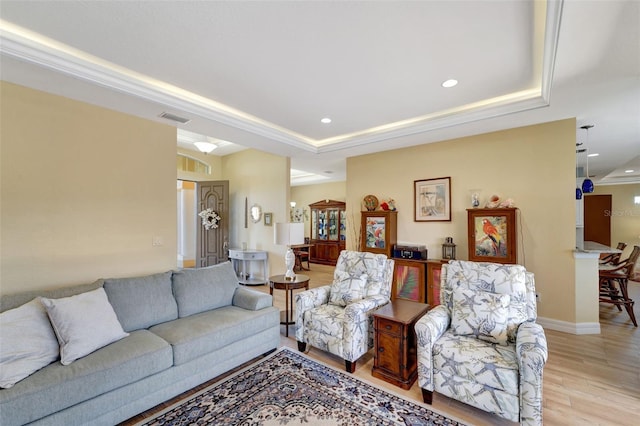 living room featuring light hardwood / wood-style floors and a raised ceiling