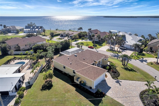 drone / aerial view featuring a water view