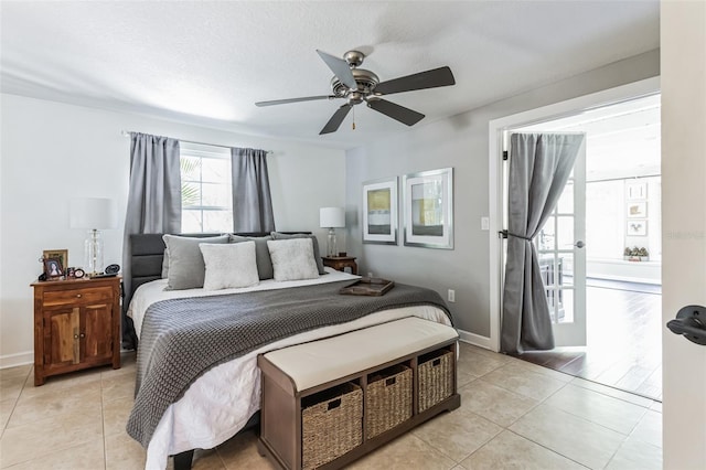 bedroom featuring ceiling fan, light hardwood / wood-style floors, and a textured ceiling