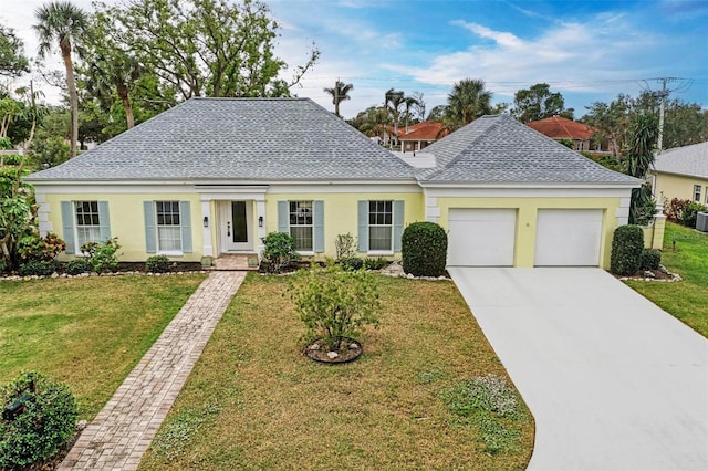 view of front facade with a front yard and a garage