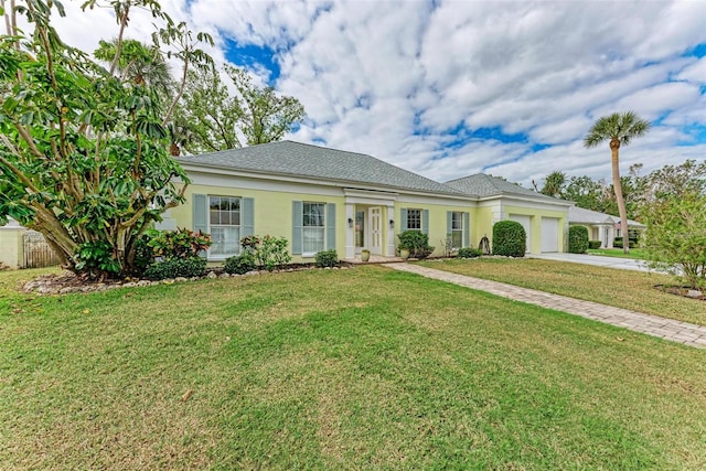 ranch-style home featuring a front yard and a garage