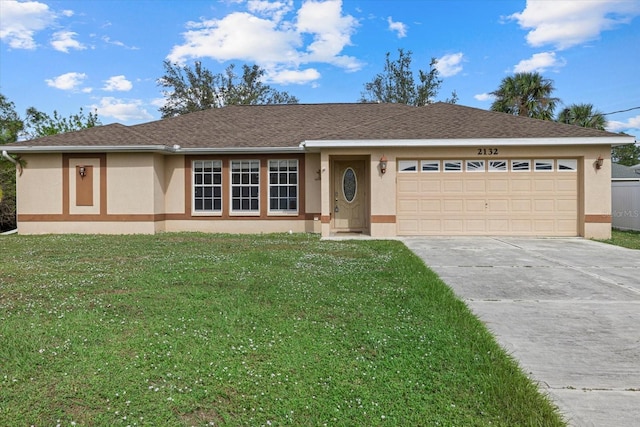 ranch-style house with a front lawn and a garage