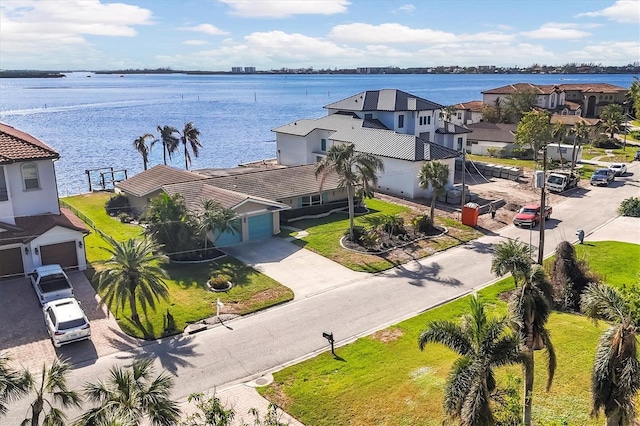 drone / aerial view featuring a water view