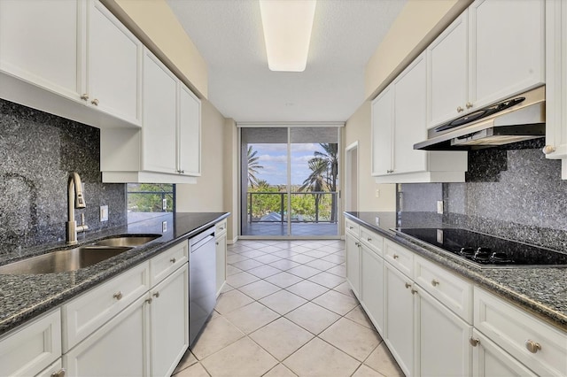 1800 Benjamin Franklin Dr Unit A304, Sarasota, FL 34236 - kitchen featuring a sink, black electric stovetop, dishwasher, under cabinet range hood, and white cabinetry