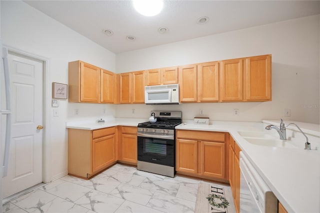 4209 Cascade Falls Dr, Sarasota, FL 34243 - kitchen with white appliances, light marble finish flooring, light countertops, and a sink