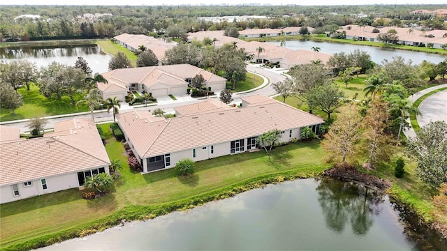 drone / aerial view featuring a water view